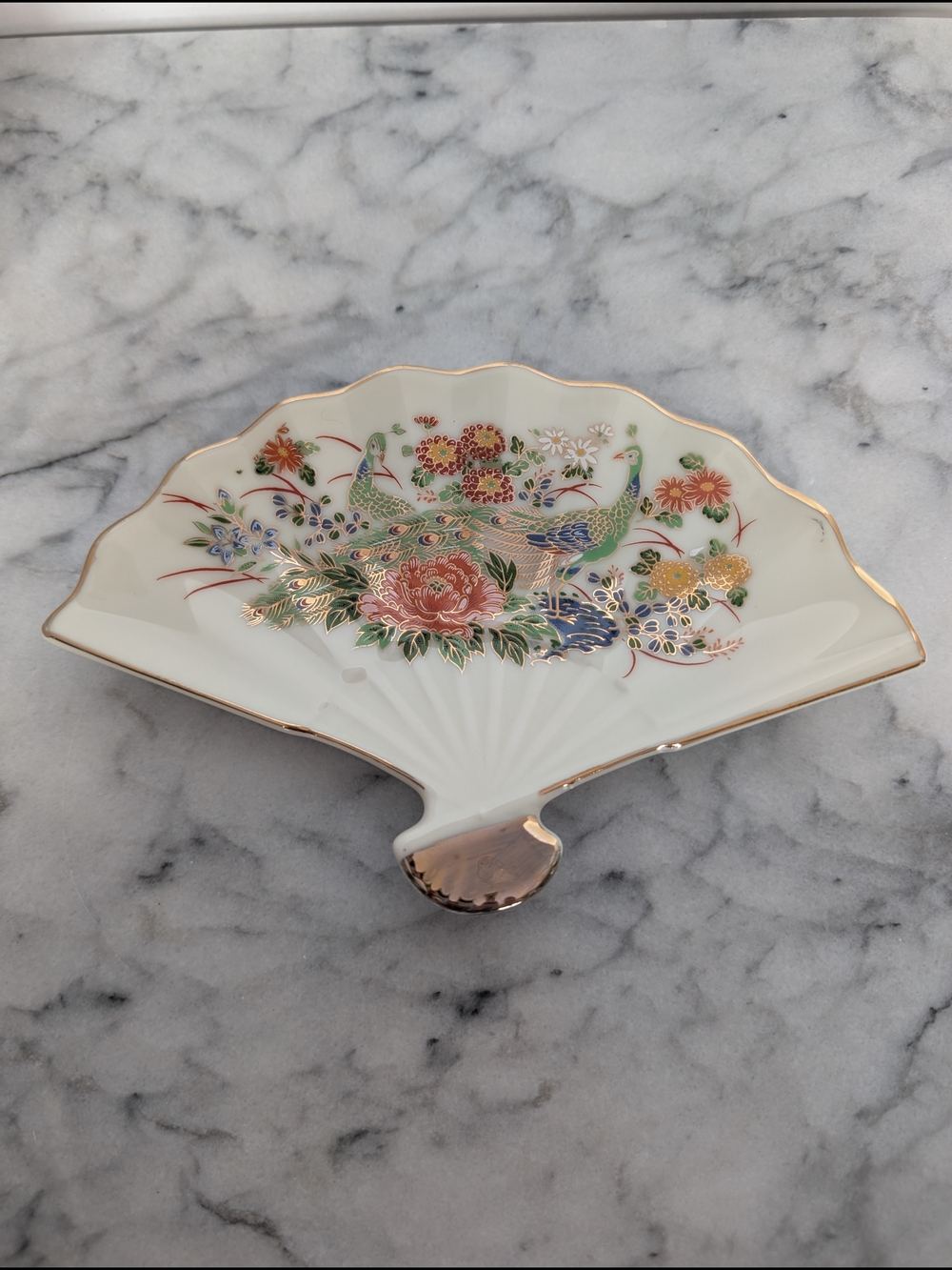 Vintage Asahi Japan Porcelain Fan Shaped Trinket Dish - 24K Gold Gilt Peacock